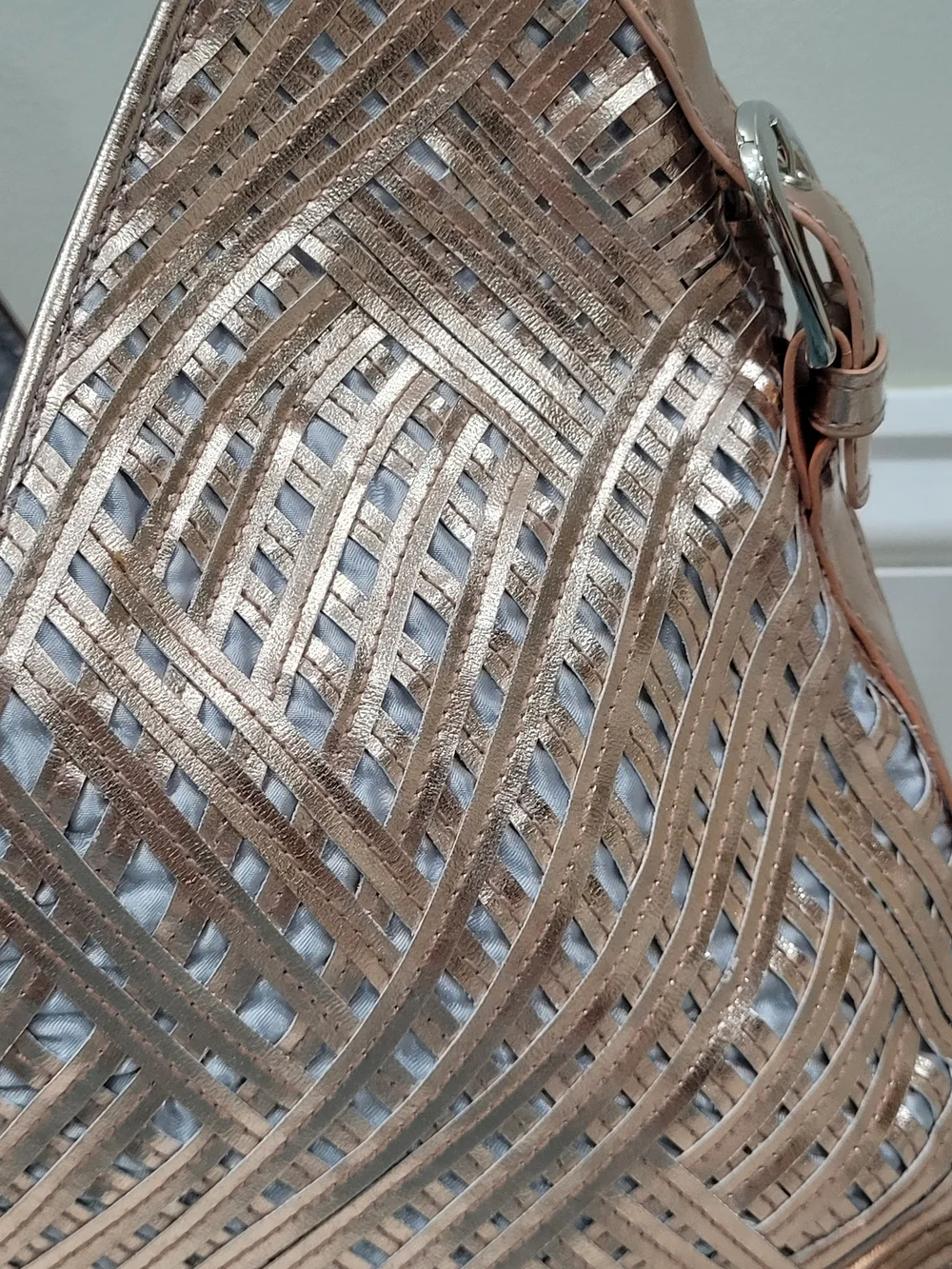 Metallic Rose Gold Woven Shoulder Hobo Bag Silvee Hardware